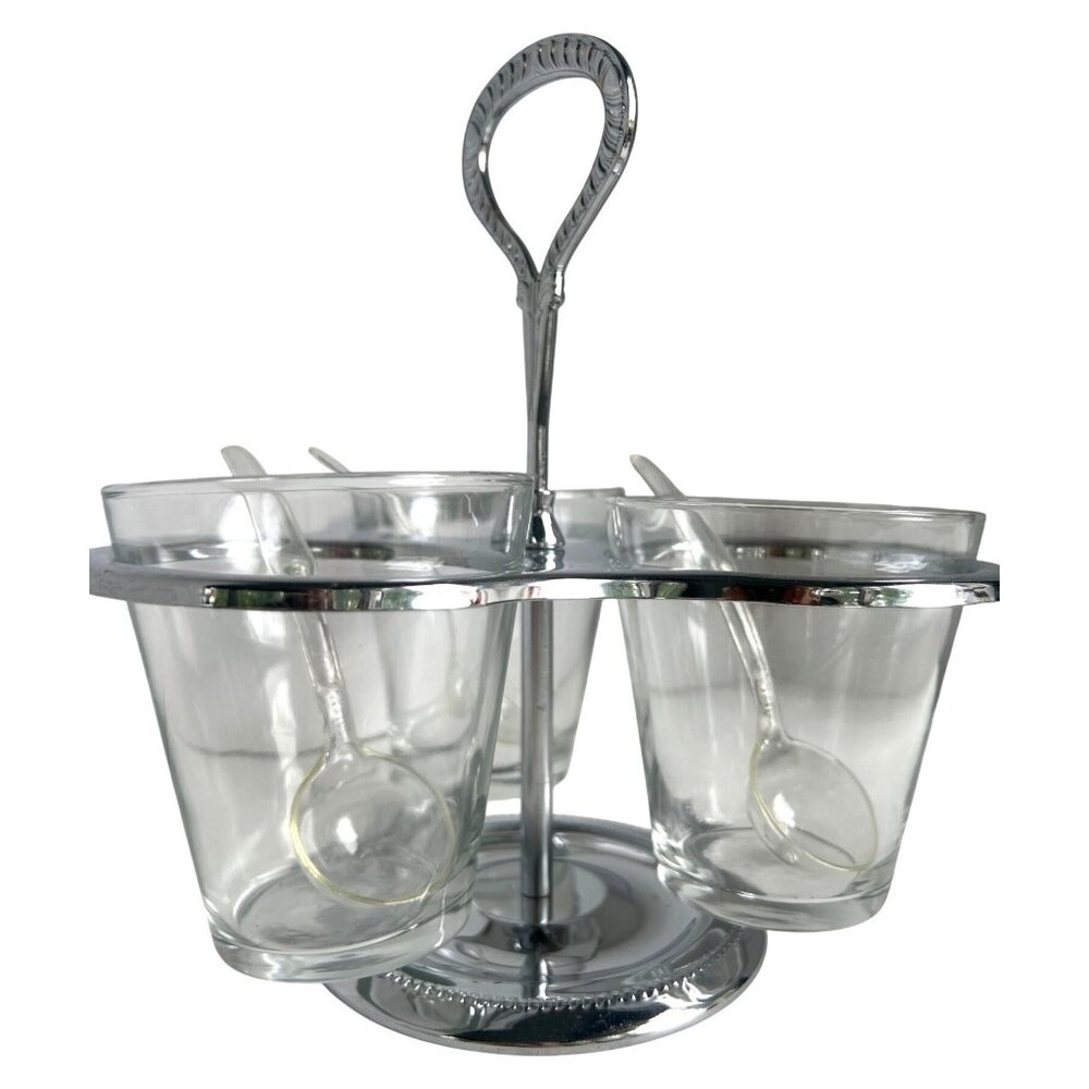 MCM Irvinware‎ Chrome Plated Glass Condiment Caddy Set W/3 Glass Cups Spoons USA